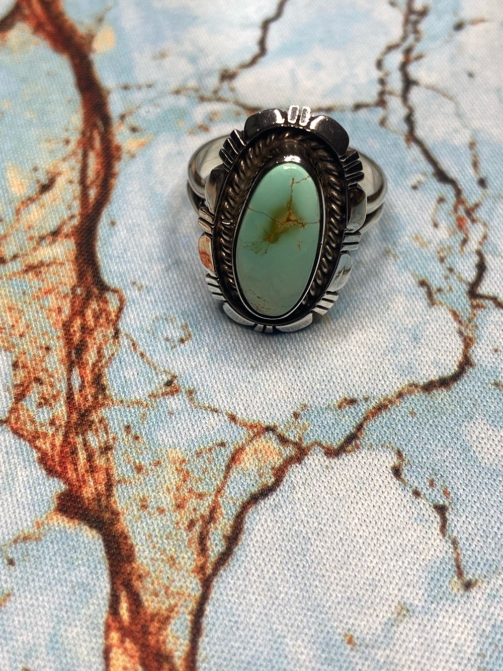 Sterling Silver Turquoise Oval Statement Ring - Light Blue Green, Navajo/signed - Picture 3 of 15